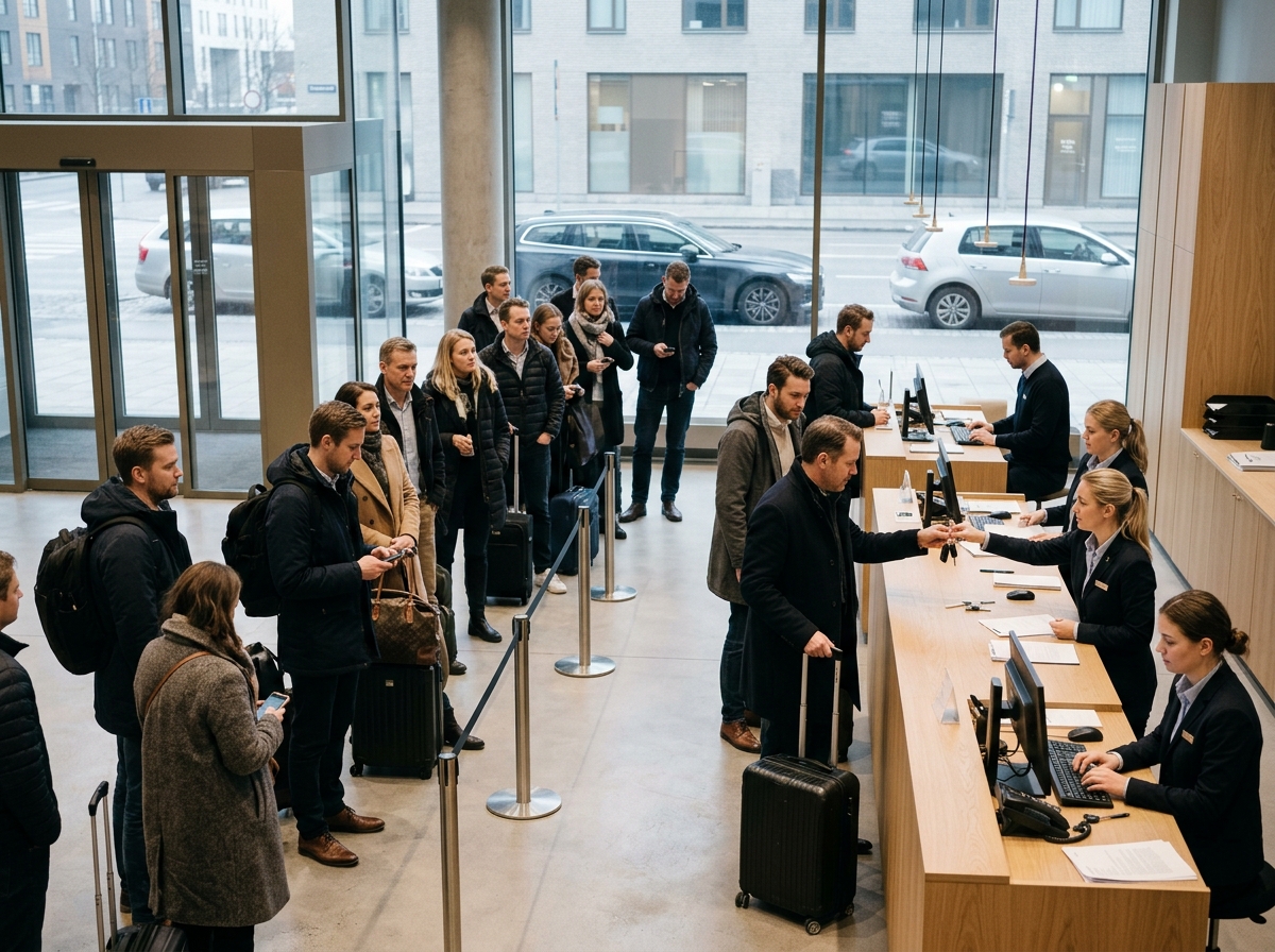 Comptoir d'agence de location saturé pendant une heure de pointe