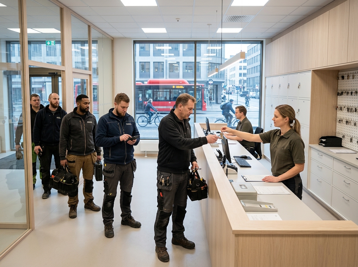 Technicien de maintenance conduisant sur une longue distance pour récupérer des clés physiques