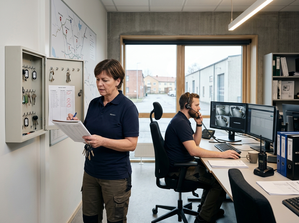 Real estate team reviewing visual audit data and contractor key logs.