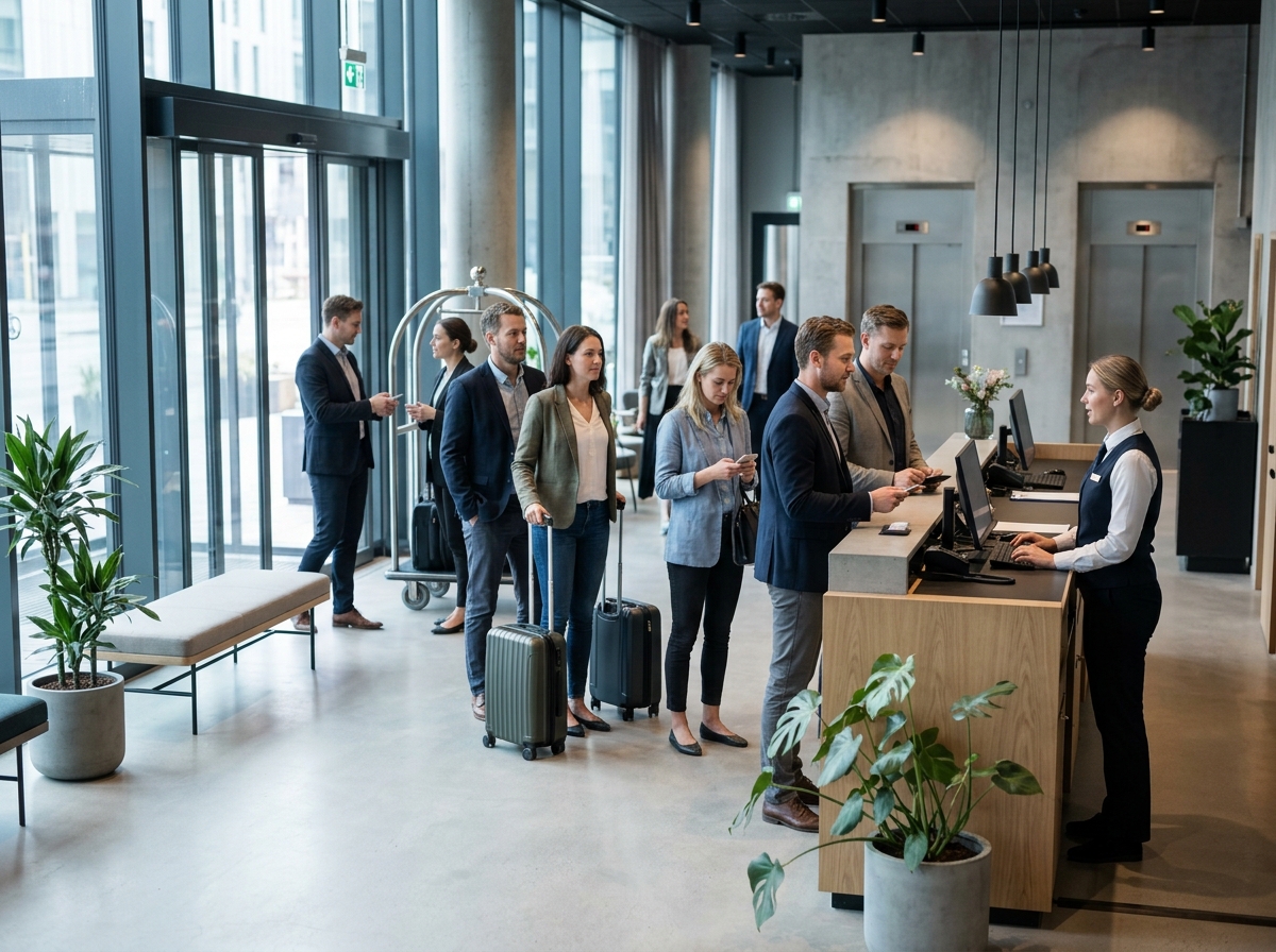 Crowded hotel lobby and queue at the front desk