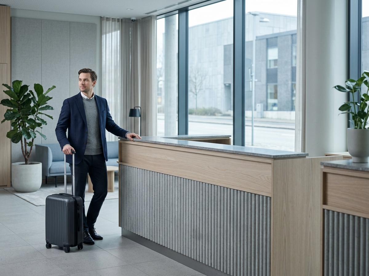 Traveler looking at their phone in front of a closed hotel reception