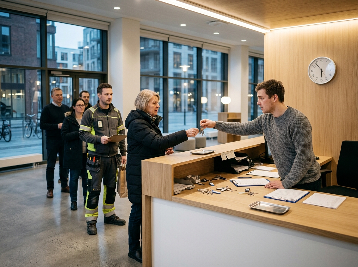 Fullsatt låssmedsbutik, lång kö och personal som är belastad av manuell nyckelhantering