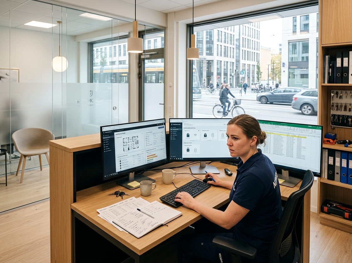 Låssmed som hanterar olika programvaror från låstillverkare i kundtjänsten