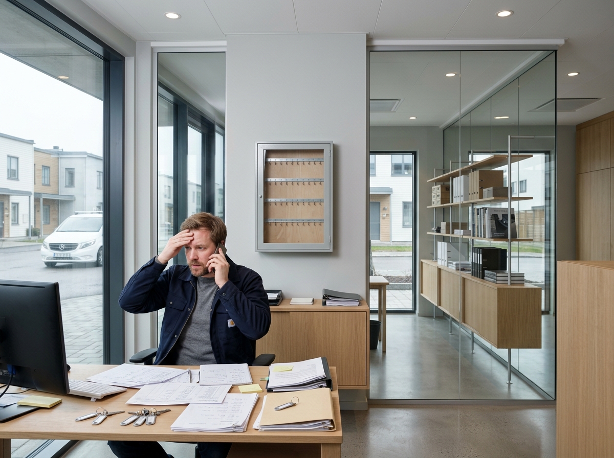 Anställd hos låssmed som enkelt följer nyckelåterlämningar på en digital skärm