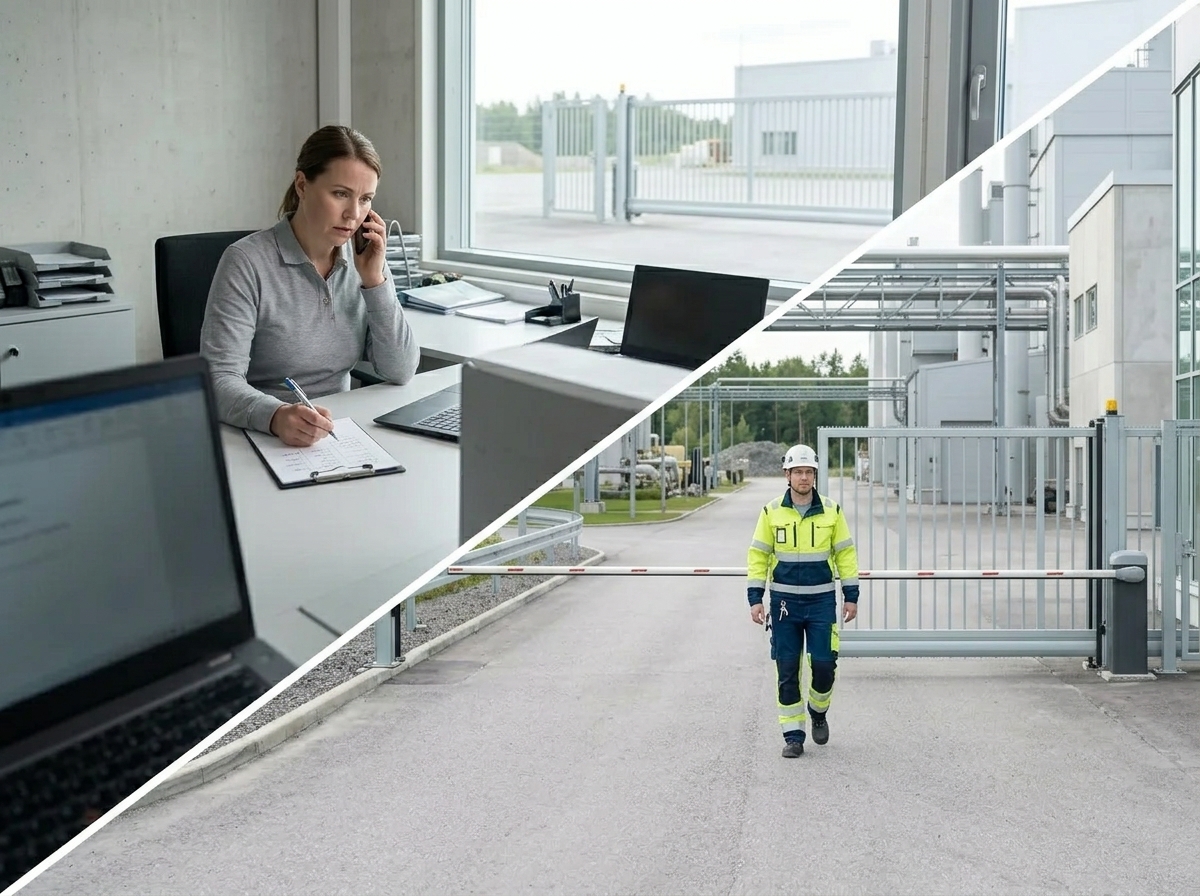 Arbetare som lämnar fabriksgrinden med nycklar i fickan