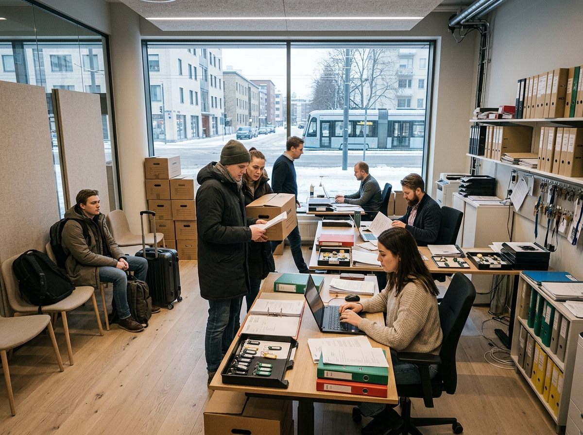Busy property management office during a peak move-in day