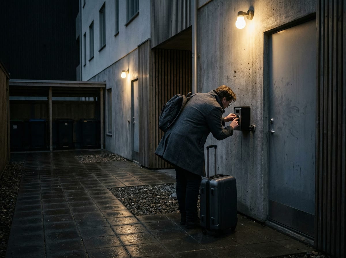 Guest struggling with a mechanical lockbox in the dark