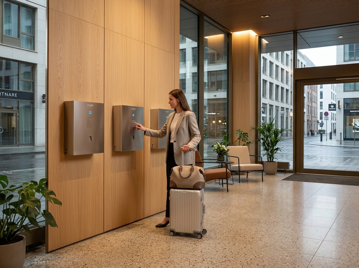 Hotel guest retrieving a room key from a modern LivionKey Automat