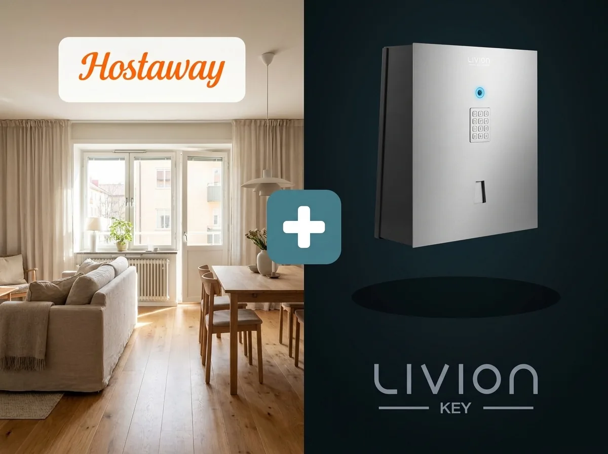 Integrationsgrafik mit Hostaway-Logo, Ferienwohnung und LivionKey30-Schlüsselschrank, verbunden durch ein Pluszeichen