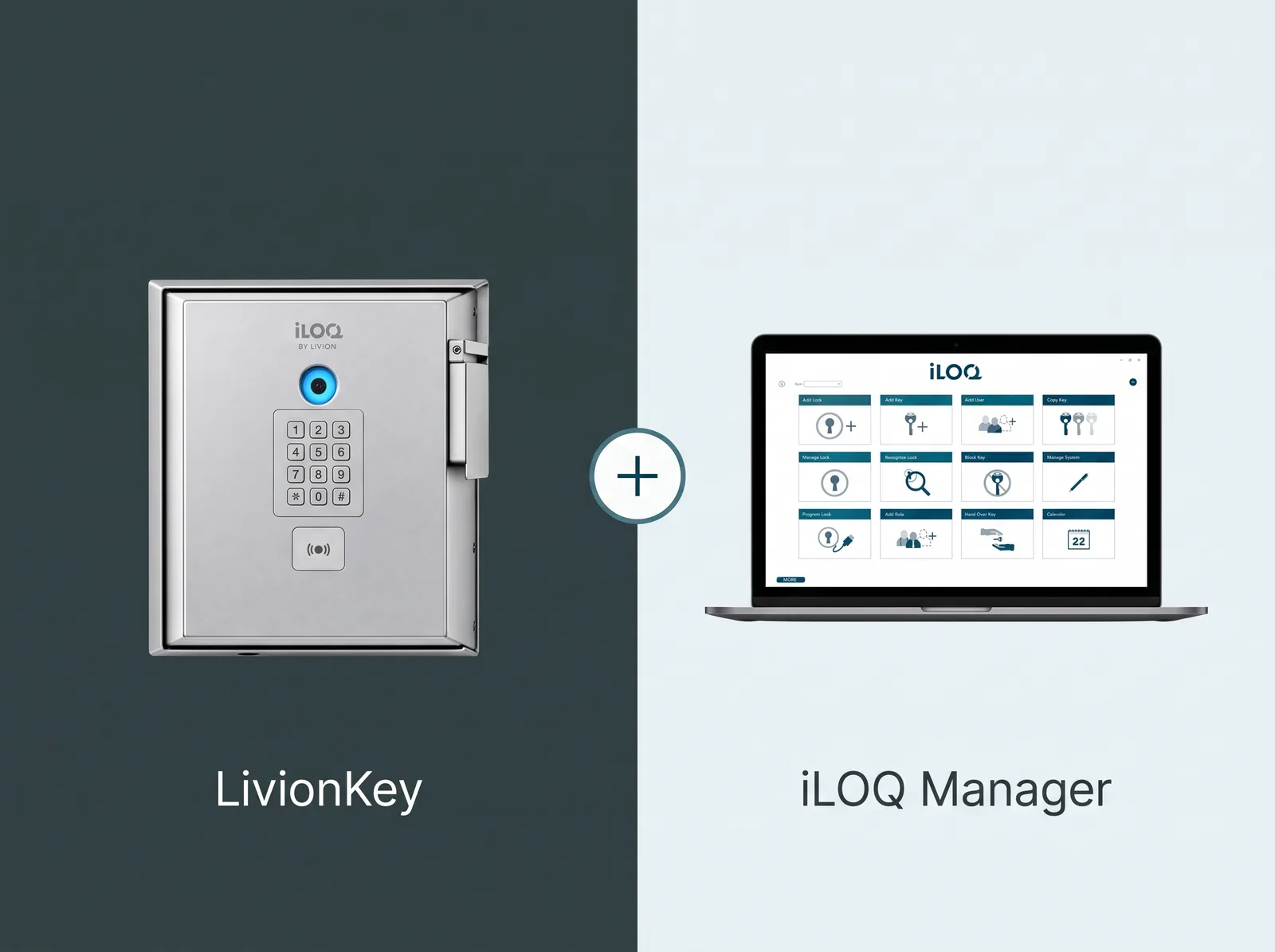 LivionKey20 Outdoor -avainautomaatti ja iLOQ Manager kannettavan tietokoneen näytöllä, taustana tumma ja vaalea paneeli