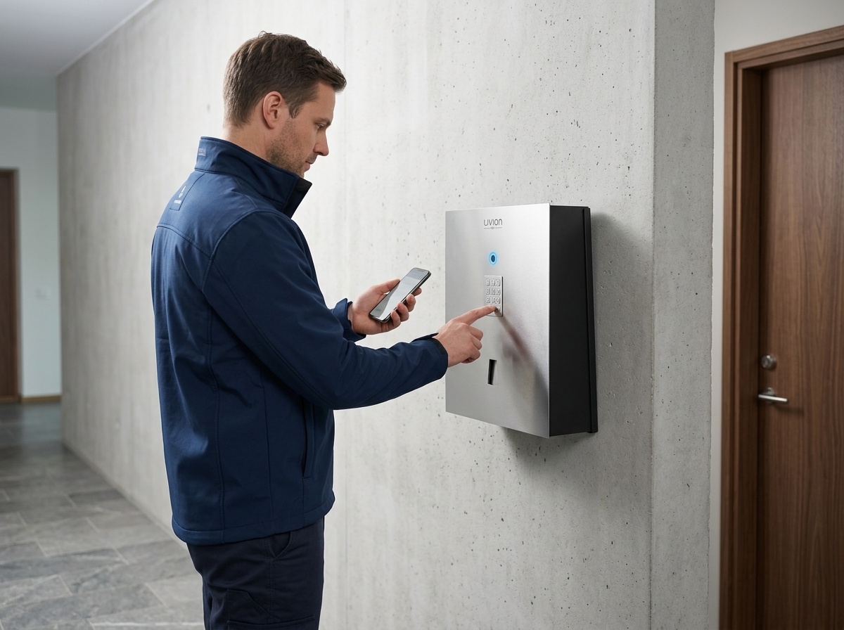Maintenance technician in a modern lobby using a LivionKey automat with their smartphone.