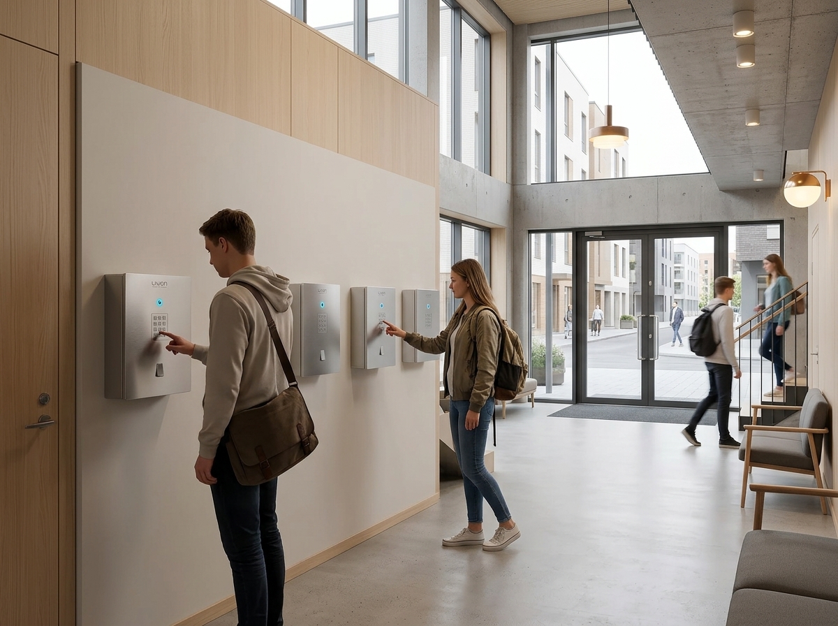 Opiskelija-asuntolan sisäänkäynti, jossa kolme LivionKey30-avainautomaattia ja opiskelijoita syöttämässä koodeja.